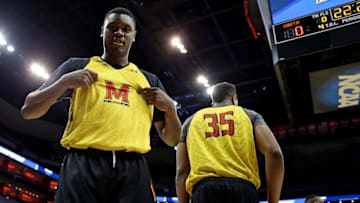Mar 23, 2016; Louisville, KY, USA; Maryland Terrapins center Diamond Stone (33) during practice the day before the semifinals of the South regional of the NCAA Tournament at KFC YUM!. Mandatory Credit: Peter Casey-USA TODAY Sports