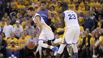 May 26, 2016; Oakland, CA, USA; Golden State Warriors guard Stephen Curry (30) is fouled by Oklahoma City Thunder guard Andre Roberson (21) in the fourth quarter in game five of the Western conference finals of the NBA Playoffs at Oracle Arena. The Warriors defeated the Thunder 120-111. Mandatory Credit: Cary Edmondson-USA TODAY Sports