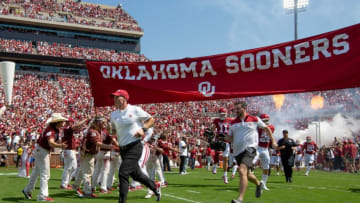 Oklahoma coach Brent Venables runs onto the field during a college football game between the University of Oklahoma Sooners (OU) and the UTEP Miners at Gaylord Family - Oklahoma Memorial Stadium in Norman, Okla., Saturday, Sept. 3, 2022.Ou Vs Utep