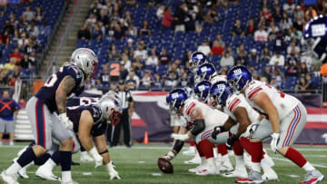 FOXBOROUGH, MA - AUGUST 29: Along the line of scrimmage during a game between the New England Patriots and the New York Giants on August 29, 2019, at Gillette Stadium in Foxborough, Massachusetts. (Photo by Fred Kfoury III/Icon Sportswire via Getty Images)