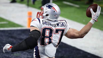 MINNEAPOLIS, MN - FEBRUARY 04: Rob Gronkowski #87 of the New England Patriots celebrates a touchdown reception against the Philadelphia Eagles in the fourth quarter of Super Bowl LII at U.S. Bank Stadium on February 4, 2018 in Minneapolis, Minnesota. The Eagles defeated the Patriots 41-33. (Photo by Jonathan Daniel/Getty Images)