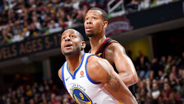 CLEVELAND, OH - JUNE 8: Andre Iguodala #9 of the Golden State Warriors boxes out against Rodney Hood #1 of the Cleveland Cavaliers during Game Four of the 2018 NBA Finals on June 8, 2018 at Quicken Loans Arena in Cleveland, Ohio. NOTE TO USER: User expressly acknowledges and agrees that, by downloading and or using this Photograph, user is consenting to the terms and conditions of the Getty Images License Agreement. Mandatory Copyright Notice: Copyright 2018 NBAE (Photo by Andrew D. Bernstein/NBAE via Getty Images)