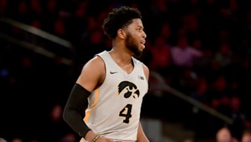 NEW YORK, NEW YORK - NOVEMBER 16: Isaiah Moss #4 of the Iowa Hawkeyes celebrates in the first half against the Connecticut Huskies during the championship game of the 2K Empire Classic at Madison Square Garden on November 16, 2018 in New York City. (Photo by Sarah Stier/Getty Images)