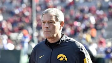 Jan 1, 2016; Pasadena, CA, USA; Iowa Hawkeyes head coach Kirk Ferentz looks on before the game between the Iowa Hawkeyes and the Stanford Cardinal in the 2016 Rose Bowl at Rose Bowl. Mandatory Credit: Kirby Lee-USA TODAY Sports