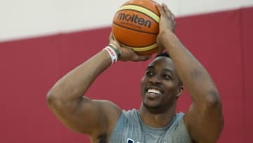 Aug 11, 2015; Las Vegas, NV, USA; Team USA center Dwight Howard shoots during the USA men's basketball national team minicamp at Mendenhall Center. Mandatory Credit: Stephen R. Sylvanie-USA TODAY Sports