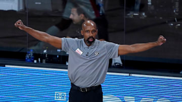LAKE BUENA VISTA, FLORIDA - AUGUST 13: Head coach Jacque Vaughn of the Brooklyn Nets gestures during action against the Portland Trail Blazers in the second half at AdventHealth Arena at ESPN Wide World Of Sports Complex on August 13, 2020 in Lake Buena Vista, Florida. NOTE TO USER: User expressly acknowledges and agrees that, by downloading and or using this photograph, User is consenting to the terms and conditions of the Getty Images License Agreement. (Photo by Ashley Landis-Pool/Getty Images)