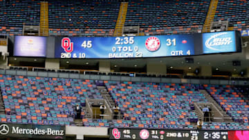 NEW ORLEANS, LA - JANUARY 02: A general view of the scoreboard after the Oklahoma Sooners defeated the Alabama Crimson Tide 45-31 during the Allstate Sugar Bowl at the Mercedes-Benz Superdome on January 2, 2014 in New Orleans, Louisiana. (Photo by Kevin C. Cox/Getty Images)