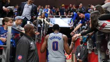 DETROIT, MI - JANUARY 27: Andre Drummond #0 of the Detroit Pistons high fives fans after the game against the Oklahoma City Thunder on January 27, 2018 at Little Caesars Arena in Detroit, Michigan. NOTE TO USER: User expressly acknowledges and agrees that, by downloading and/or using this photograph, User is consenting to the terms and conditions of the Getty Images License Agreement. Mandatory Copyright Notice: Copyright 2018 NBAE (Photo by Chris Schwegler/NBAE via Getty Images)