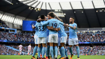MANCHESTER, ENGLAND - OCTOBER 14: Raheem Sterling of Manchester City celebrates scoring his sides second goal with Gabriel Jesus of Manchester City and his team mates during the Premier League match between Manchester City and Stoke City at Etihad Stadium on October 14, 2017 in Manchester, England. (Photo by Laurence Griffiths/Getty Images)