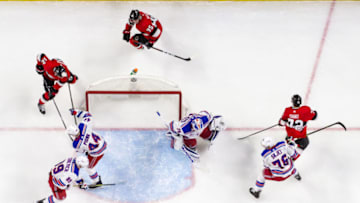OTTAWA, ON - FEBRUARY 17: Brandon Halverson #75 of the New York Rangers makes a save as team mates Brady Skjei #76, Pavel Buchnevich #89 and Neal Pionk #44 defend against Marian Gaborik #12, Matt Duchene #95 and Thomas Chabot #72 of the Ottawa Senators at Canadian Tire Centre on February 17, 2018 in Ottawa, Ontario, Canada. (Photo by Jana Chytilova/Freestyle Photography/Getty Images) *** Local Caption ***