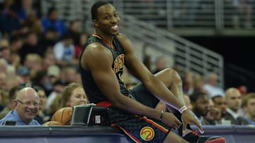 Oct 20, 2016; Omaha, NE, USA; Atlanta Hawks center Dwight Howard (8) gets ready to check into the game against the Chicago Bulls at CenturyLink Center Omaha. Atlanta defeated Chicago 97-81. Mandatory Credit: Steven Branscombe-USA TODAY Sports
