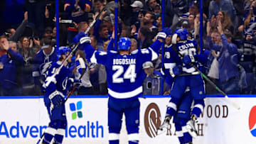TAMPA, FLORIDA - JANUARY 13: Boris Katchouk #13 of the Tampa Bay Lightning celebrates a goal during a game against the Vancouver Canucks at Amalie Arena on January 13, 2022 in Tampa, Florida. (Photo by Mike Ehrmann/Getty Images)