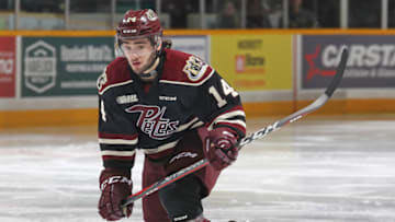 PETERBOROUGH, ON - NOVEMBER 10: Liam Kirk #14 of the Peterborough Petes skates against the Hamilton Bulldogs in an OHL game at the Peterborough Memorial Centre on November 10, 2018 in Peterborough, Ontario, Canada. The Bulldogs defeated the Petes 3-1. (Photo by Claus Andersen/Getty Images)