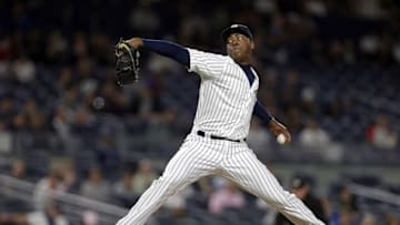 Jun 9, 2016; Bronx, NY, USA; New York Yankees closing pitcher Aroldis Chapman (54) pitches against the Los Angeles Angels during the ninth inning at Yankee Stadium. The Yankees won 6-3. Mandatory Credit: Adam Hunger-USA TODAY Sports