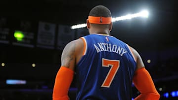 December 11, 2016; Los Angeles, CA, USA; New York Knicks forward Carmelo Anthony (7) returns to play against the Los Angeles Lakers during the second half at Staples Center. Mandatory Credit: Gary A. Vasquez-USA TODAY Sports