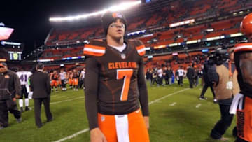 Nov 30, 2015; Cleveland, OH, USA; Cleveland Browns quarterback Austin Davis (7) walks off the field after the Browns lost to the Baltimore Ravens 33-27 at FirstEnergy Stadium. Mandatory Credit: Ken Blaze-USA TODAY Sports