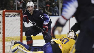VICTORIA , BC - DECEMBER 29: Ryan Poehling #11 of the United States celebrates following his third period goal versus Sweden at the IIHF World Junior Championships at the Save-on-Foods Memorial Centre on December 29, 2018 in Victoria, British Columbia, Canada. (Photo by Kevin Light/Getty Images)