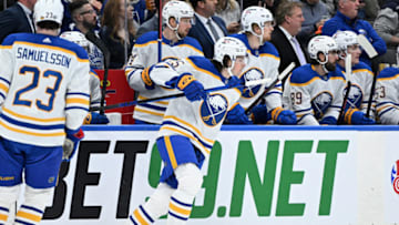 Apr 12, 2022; Toronto, Ontario, CAN; Buffalo Sabres defenseman Owen Power (25) steps onto the ice for his first ever shift in the NHL against the Toronto Maple Leafs in the first period at Scotiabank Arena. Mandatory Credit: Dan Hamilton-USA TODAY Sports