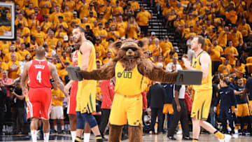 SALT LAKE CITY, UT - MAY 6: Utah Jazz mascto entertains the crowd at the start of the game against the Houston Rockets during Game Four of the Western Conference Semifinals of the 2018 NBA Playoffs on May 6, 2018 at the Vivint Smart Home Arena Salt Lake City, Utah. NOTE TO USER: User expressly acknowledges and agrees that, by downloading and or using this photograph, User is consenting to the terms and conditions of the Getty Images License Agreement. Mandatory Copyright Notice: Copyright 2018 NBAE (Photo by Andrew D. Bernstein/NBAE via Getty Images)