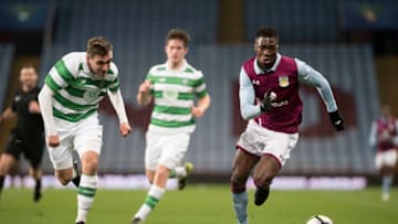 BIRMINGHAM, ENGLAND- NOVEMBER 9: Aaron Tshibola of Aston Villa and Joseph Thomas of Celtic in action during the Premier League International Cup match between Aston Villa U23's and Celtic U23's at Villa Park on November 9, 2016 in Birmingham, England (Photo by Nathan Stirk/Getty Images)