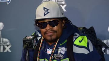 Jan 29, 2015; Phoenix, AZ, USA; Seattle Seahawks running back Marshawn Lynch (24) at press conference at Arizona Grand in advance of Super Bowl XLIX. Mandatory Credit: Kirby Lee-USA TODAY Sports