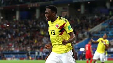 MOSCOW, RUSSIA - JULY 03: Yerry Mina of Colombia celebrates after scoring his team's first goal during the 2018 FIFA World Cup Russia Round of 16 match between Colombia and England at Spartak Stadium on July 3, 2018 in Moscow, Russia. (Photo by Clive Rose/Getty Images)