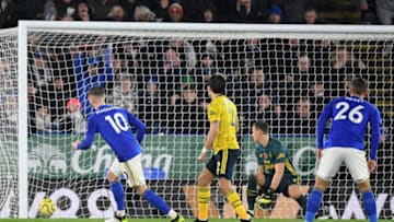 LEICESTER, ENGLAND - NOVEMBER 09: James Maddison of Leicester City scores his team's second goal during the Premier League match between Leicester City and Arsenal FC at The King Power Stadium on November 09, 2019 in Leicester, United Kingdom. (Photo by Ross Kinnaird/Getty Images)