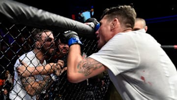 GDANSK, POLAND - OCTOBER 21: (R-L) Darren Till of England has words with Mike Perry after his victory over Donald Cerrone during the UFC Fight Night event inside Ergo Arena on October 21, 2017 in Gdansk, Poland. (Photo by Jeff Bottari/Zuffa LLC/Zuffa LLC via Getty Images)