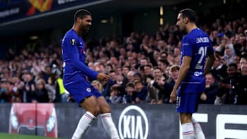 LONDON, ENGLAND - OCTOBER 25: Ruben Loftus-Cheek of Chelsea celebrates after scoring his sides first goal during the UEFA Europa League Group L match between Chelsea and FC BATE Borisov at Stamford Bridge on October 25, 2018 in London, United Kingdom. (Photo by Clive Rose/Getty Images)