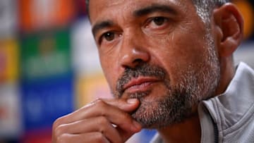 FC Porto's Portuguese coach Sergio Conceicao gestures during a press conference after a training session at the Olival training ground, in Vila Nova de Gaia, near Porto, on October 3, 2023, on the eve of the UEFA Champions League 1st round day 2 group H football match between FC Porto and FC Barcelona. (Photo by MIGUEL RIOPA / AFP) (Photo by MIGUEL RIOPA/AFP via Getty Images)