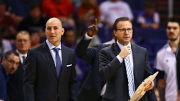 Mar 29, 2015; Phoenix, AZ, USA; Oklahoma City Thunder head coach Scott Brooks (right) and assistant coach Rex Kalamian against the Phoenix Suns at US Airways Center. The Thunder defeated the Suns 109-97. Mandatory Credit: Mark J. Rebilas-USA TODAY Sports