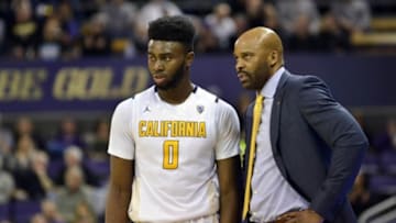 Feb 18, 2016; Seattle, WA, USA; California Golden Bears forward Jaylen Brown (0) and California Golden Bears head coach Cuonzo Martin talk during the 2nd against the Washington Huskies half at Alaska Airlines Arena. California Golden Bears defeated the Washington Huskies 78-75. Mandatory Credit: Steven Bisig-USA TODAY Sports