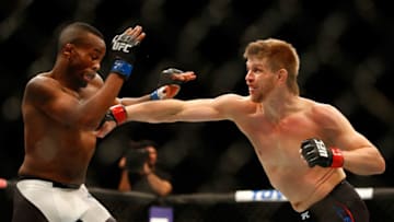 LAS VEGAS, NV - FEBRUARY 06: (L-R) Sean Spencer and Mike Pyle fight in their welterweight bout during the UFC Fight Night event at MGM Grand Garden Arena on February 6, 2016 in Las Vegas, Nevada. (Photo by Jamie Squire /Zuffa LLC/Zuffa LLC via Getty Images)