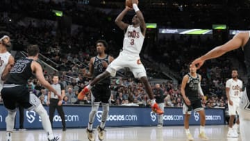 Dec 12, 2022; San Antonio, Texas, USA; Cleveland Cavaliers guard Caris LeVert (3) shoots in the second half against the San Antonio Spurs at the AT&T Center. Mandatory Credit: Daniel Dunn-USA TODAY Sports