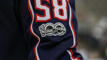 COLUMBUS, OH - OCTOBER 13: A detailed view of the NHL 100 years logo during the second period in a game between the Columbus Blue Jackets and the New York Rangers on October 13, 2017, at Nationwide Arena in Columbus, OH.(Photo by Adam Lacy/Icon Sportswire via Getty Images)