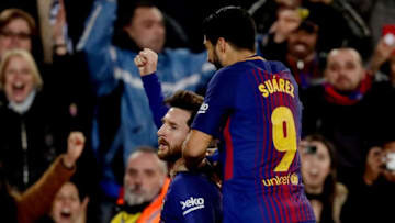 BARCELONA, SPAIN - JANUARY 28: Lionel Messi of FC Barcelona celebrates 2-1 with Luis Suarez of FC Barcelona during the La Liga Santander match between FC Barcelona v Deportivo Alaves at the Camp Nou on January 28, 2018 in Barcelona Spain (Photo by Laurens Lindhout/Soccrates/Getty Images)