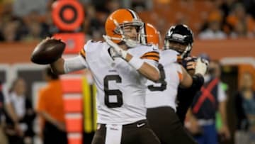 Aug 28, 2014; Cleveland, OH, USA; Cleveland Browns quarterback Brian Hoyer (6) throws a pass during the first quarter against the Chicago Bears at FirstEnergy Stadium. Mandatory Credit: Ken Blaze-USA TODAY Sports
