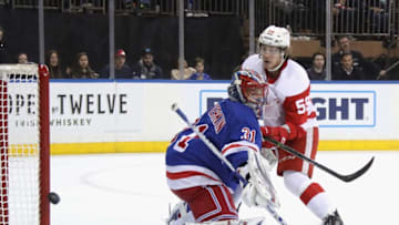 NEW YORK, NEW YORK - JANUARY 31: Tyler Bertuzzi #59 of the Detroit Red Wings misses a third period opportunity against Igor Shesterkin #31 of the New York Rangers at Madison Square Garden on January 31, 2020 in New York City. The Rangers defeated the Red Wings 4-2. (Photo by Bruce Bennett/Getty Images)