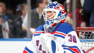 NEW YORK, NY - FEBRUARY 08: Henrik Lundqvist #30 of the New York Rangers tends the net against the Carolina Hurricanes at Madison Square Garden on February 8, 2019 in New York City. (Photo by Jared Silber/NHLI via Getty Images)
