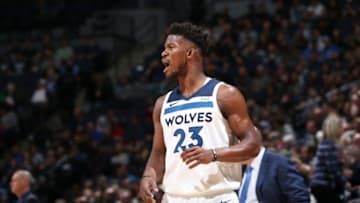 MINNEAPOLIS, MN - NOVEMBER 4: Jimmy Butler #23 of the Minnesota Timberwolves reacts against the Dallas Mavericks on November 4, 2017 at the Target Center in Minneapolis, Minnesota. NOTE TO USER: User expressly acknowledges and agrees that, by downloading and or using this Photograph, user is consenting to the terms and conditions of the Getty Images License Agreement. Mandatory Copyright Notice: Copyright 2017 NBAE (Photo by David Sherman/NBAE via Getty Images)