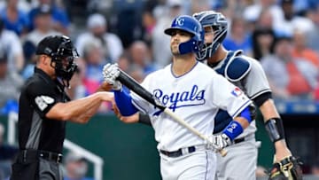 Kansas City Royals' Whit Merrifield walks to the dugout after striking out in the second inning during Saturday's baseball game against the New York Yankees on May 19, 2018, at Kauffman Stadium in Kansas City, Mo. (John Sleezer/Kansas City Star/TNS via Getty Images)