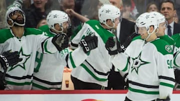 Mar 6, 2016; Ottawa, Ontario, CAN; Dallas Stars center Jason Spezza (90) celebrates with team his goal scored in the second period against the Ottawa Senators at the Canadian Tire Centre. The Stars defeated the Senators 2-1. Mandatory Credit: Marc DesRosiers-USA TODAY Sports