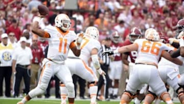 Oct 24, 2015; Tuscaloosa, AL, USA; Tennessee Volunteers quarterback Joshua Dobbs (11) drops back to pass against the Alabama Crimson Tide during the first quarter at Bryant-Denny Stadium. Mandatory Credit: John David Mercer-USA TODAY Sports