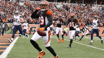 Nov 29, 2015; Cincinnati, OH, USA; Cincinnati Bengals cornerback Leon Hall (29) runs back an interception for a touchdown against the St. Louis Rams in the second half at Paul Brown Stadium. Cincinnati defeated St. Louis 31-7. Mandatory Credit: Mark Zerof-USA TODAY Sports