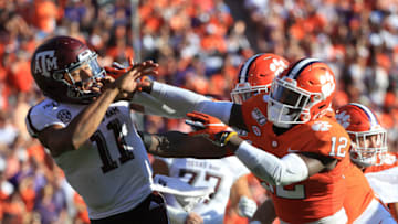 CLEMSON, SOUTH CAROLINA - SEPTEMBER 07: K'Von Wallace #12 of the Clemson Tigers runs into Kellen Mond #11 of the Texas A&M Aggies during their game at Memorial Stadium on September 07, 2019 in Clemson, South Carolina. (Photo by Streeter Lecka/Getty Images)