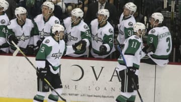 TUCSON, AZ - MAY 04: Texas Stars left wing Remi Elie (9) and Texas Stars center Jason Dickinson (11) celebrates a Texas Stars goal during a hockey game between the Texas Stars and Tuscon Roadrunners on May 04, 2018, at Tucson Convention Center in Tucson, AZ. (Photo by Jacob Snow/Icon Sportswire via Getty Images)