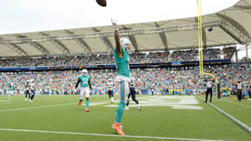 CARSON, CA - SEPTEMBER 17: Kenny Stills #10 of the Miami Dolphins celebrates after scoring a touchdown during the game against the Los Angeles Chargers at the StubHub Center on September 17, 2017 in Carson, California. (Photo by Kevork Djansezian/Getty Images)
