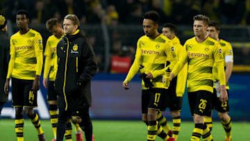DORTMUND, GERMANY - JANUARY 27: Alexander Isak of Dortmund, Andre Schuerrle of Dortmund, Pierre-Emerick Aubameyang of Dortmund and Lukasz Piszczek of Dortmund looks dejected after the Bundesliga match between Borussia Dortmund and Sport-Club Freiburg at Signal Iduna Park on January 27, 2018 in Dortmund, Germany. (Photo by TF-Images/TF-Images via Getty Images)