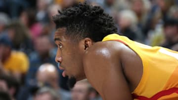 SALT LAKE CITY, UT - JANUARY 21: Donovan Mitchell #45 of the Utah Jazz looks on during the game against the Portland Trail Blazers on January 21, 2019 at vivint.SmartHome Arena in Salt Lake City, Utah. NOTE TO USER: User expressly acknowledges and agrees that, by downloading and/or using this photograph, user is consenting to the terms and conditions of the Getty Images License Agreement. Mandatory Copyright Notice: Copyright 2019 NBAE (Photo by Melissa Majchrzak/NBAE via Getty Images)