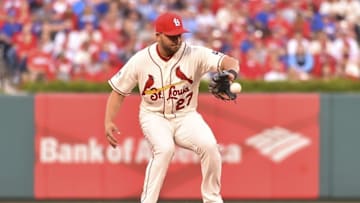 Oct 10, 2015; St. Louis, MO, USA; St. Louis Cardinals shortstop Jhonny Peralta (27) fields a ball hit by Chicago Cubs second baseman Starlin Castro (not pictured) for an out during the fifth inning in game two of the NLDS at Busch Stadium. Mandatory Credit: Jasen Vinlove-USA TODAY Sports